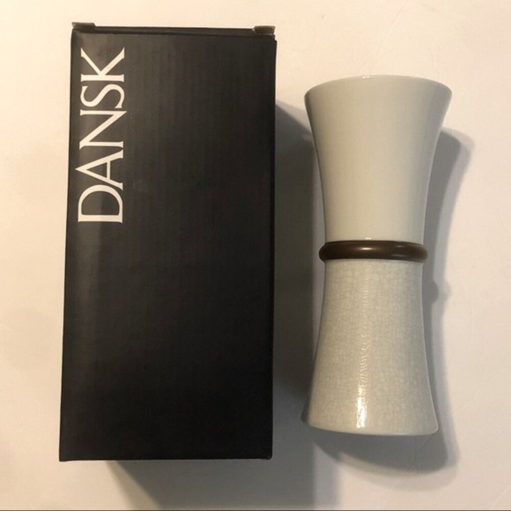 DANSK NIB Metallise Bud Vase 7.25" White Bronze Brown Band Crackle Flowers